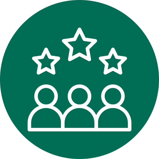 Three people and three stars in a green circle.