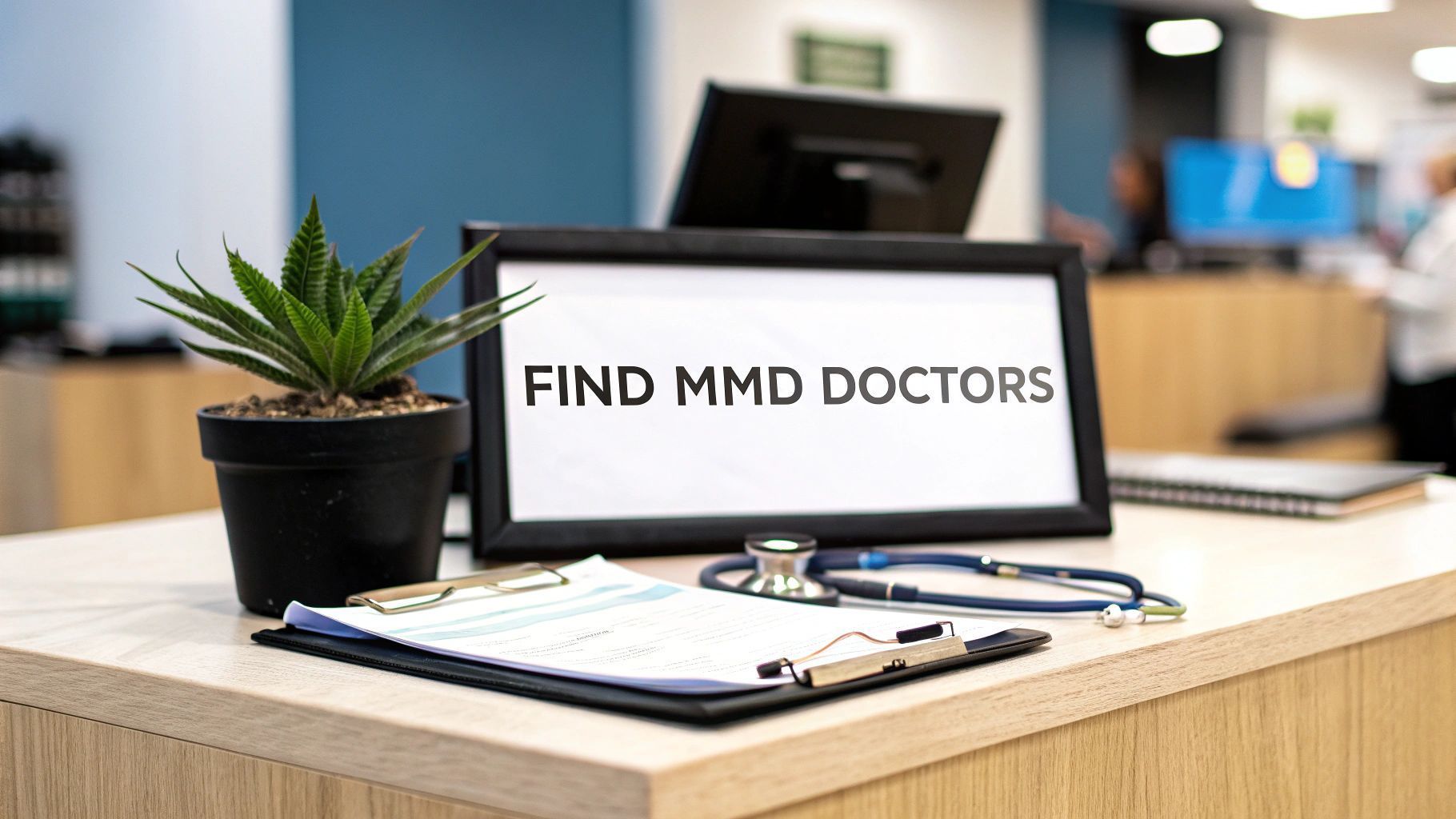 Desk with clipboard, glasses, and laptop displaying “FIND MMD DOCTORS” in an office setting