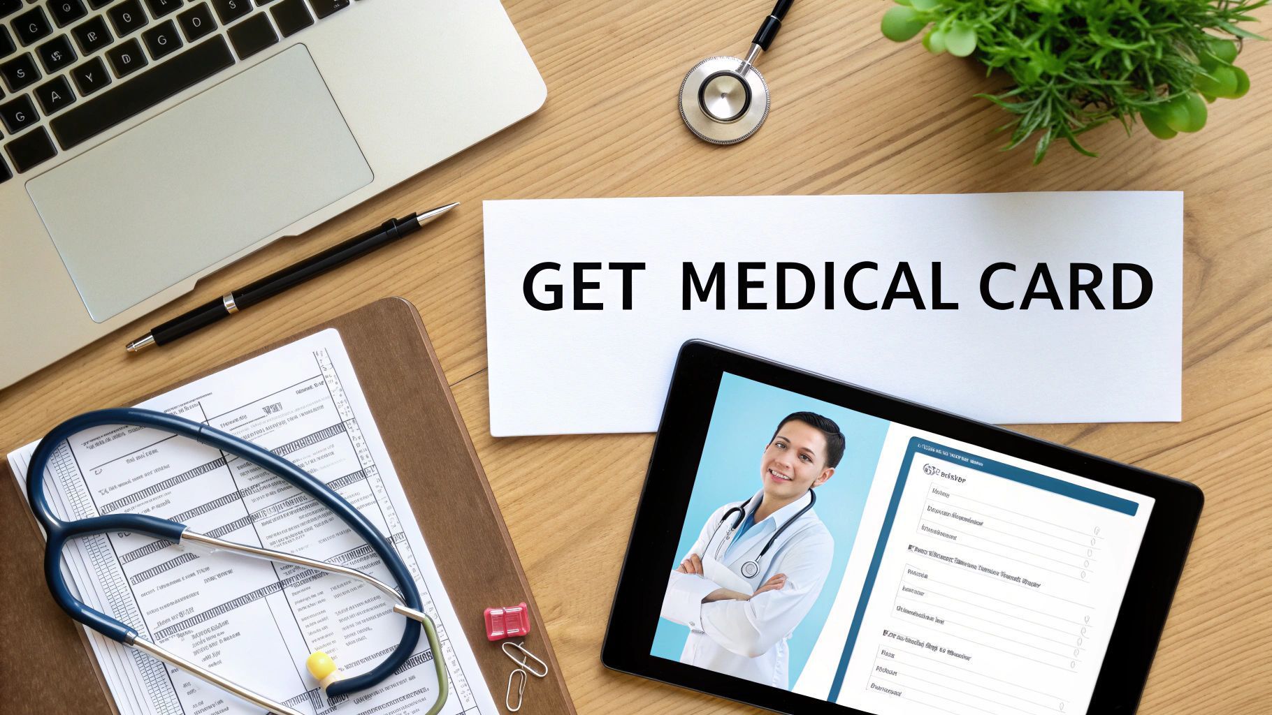 Desk with stethoscope, laptop, tablet doctor profile, and 