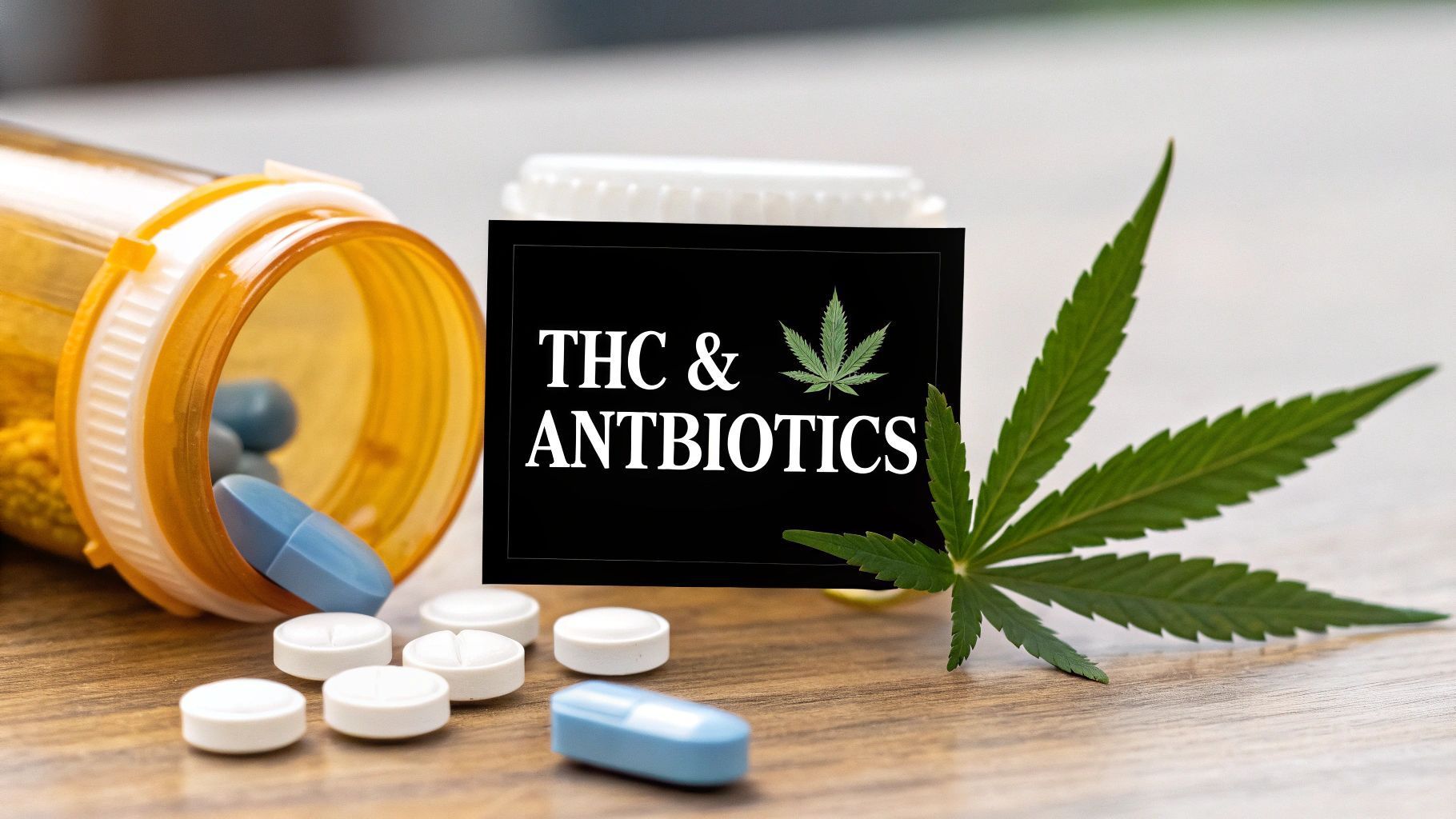 Prescription bottle, pills, and cannabis leaf beside sign reading “THC & ANTIBIOTICS”