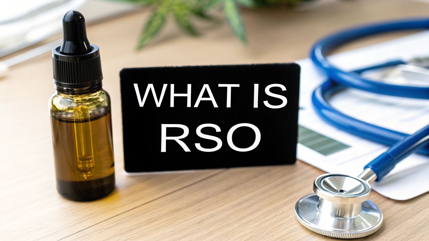 Amber dropper bottle and stethoscope beside a sign reading “WHAT IS RSO”