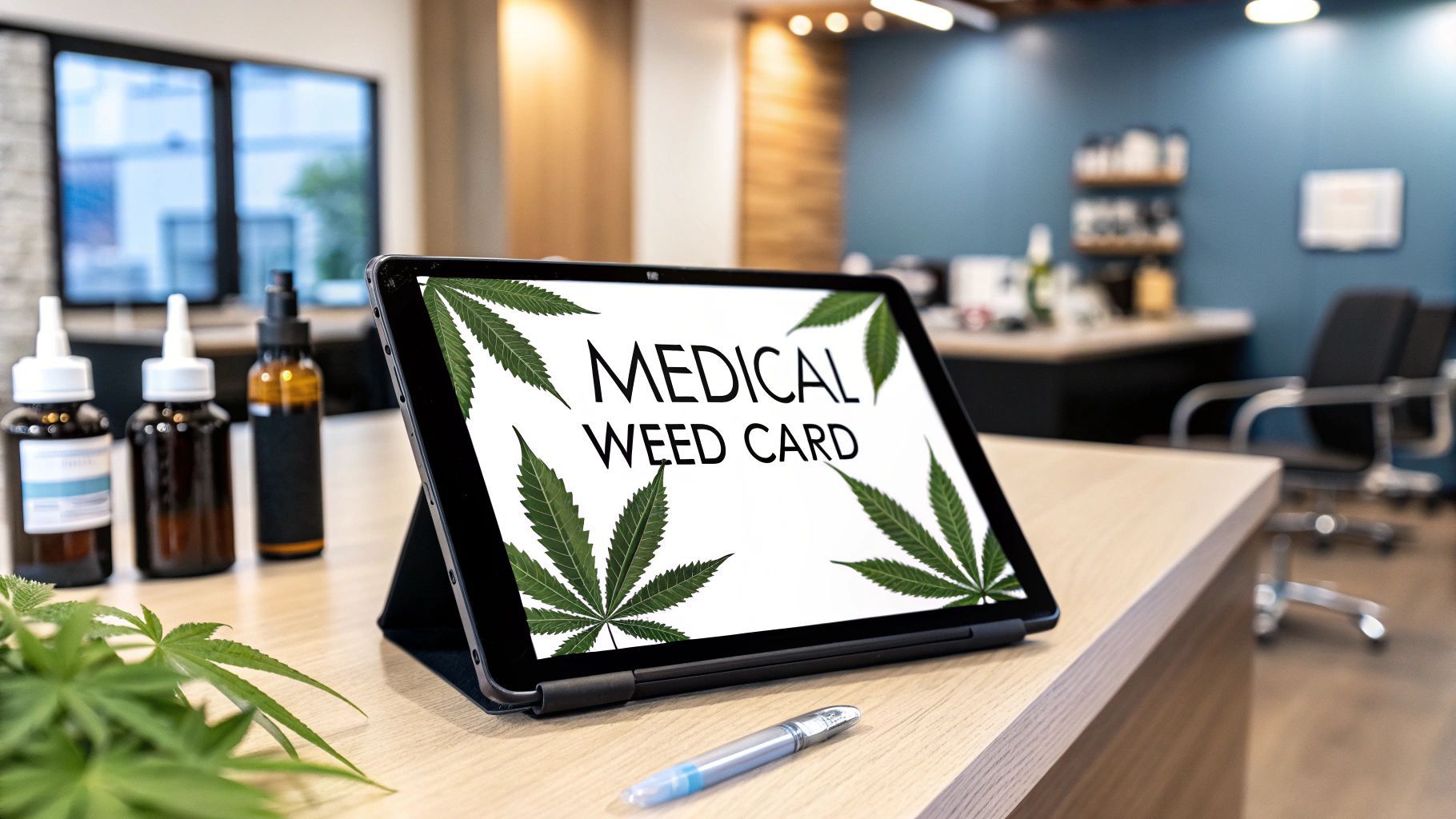 Tablet displaying “Medical Weed Card” on a counter, with cannabis leaves and bottles in a dispensary setting