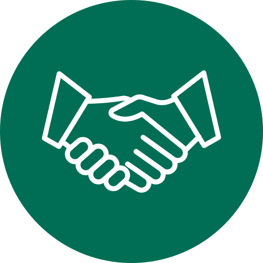 White outline of two hands shaking, in a green circle.