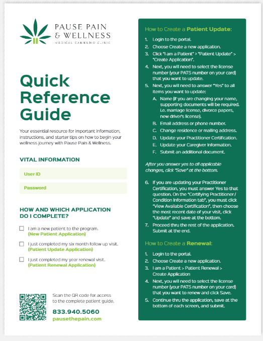 Quick reference guide for Pause Pain & Wellness with instructions on patient updates and renewals.