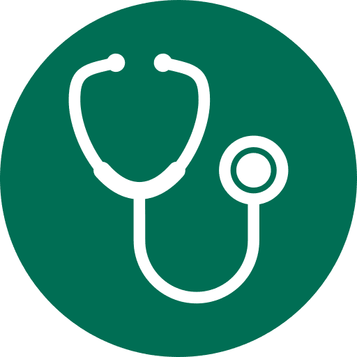 White stethoscope icon on a green circle.