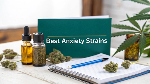 Cannabis products and notebook with “Best Anxiety Strains” text on a desk