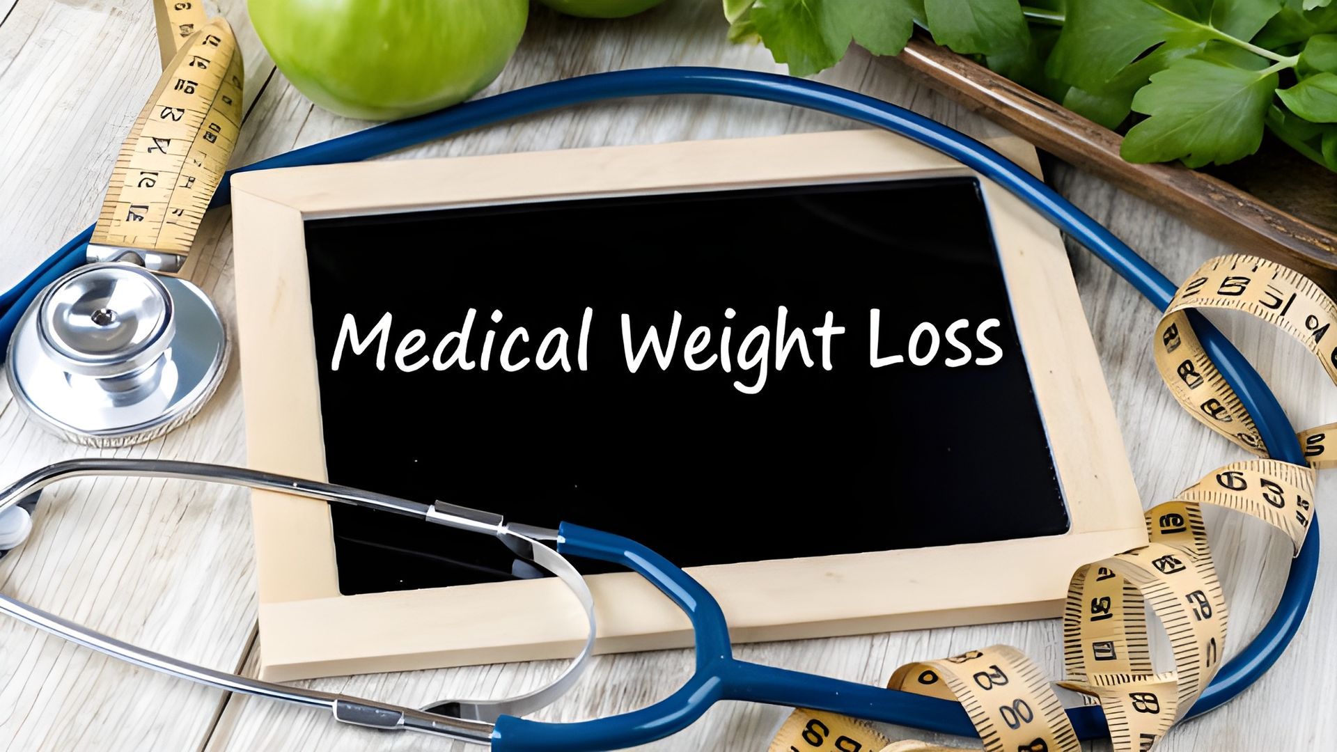 Medical weight loss text on tablet with stethoscope and measuring tape on a desk