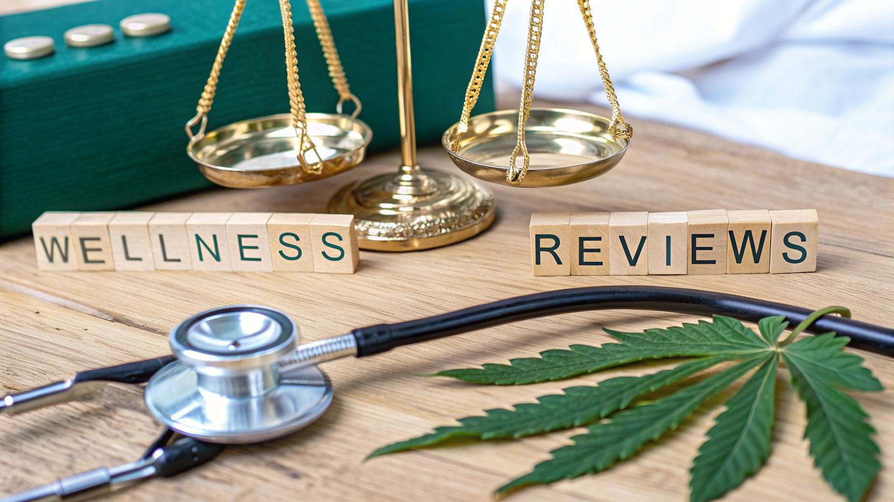 Stethoscope beside cannabis leaf, wellness and reviews blocks, and scales on a wooden table