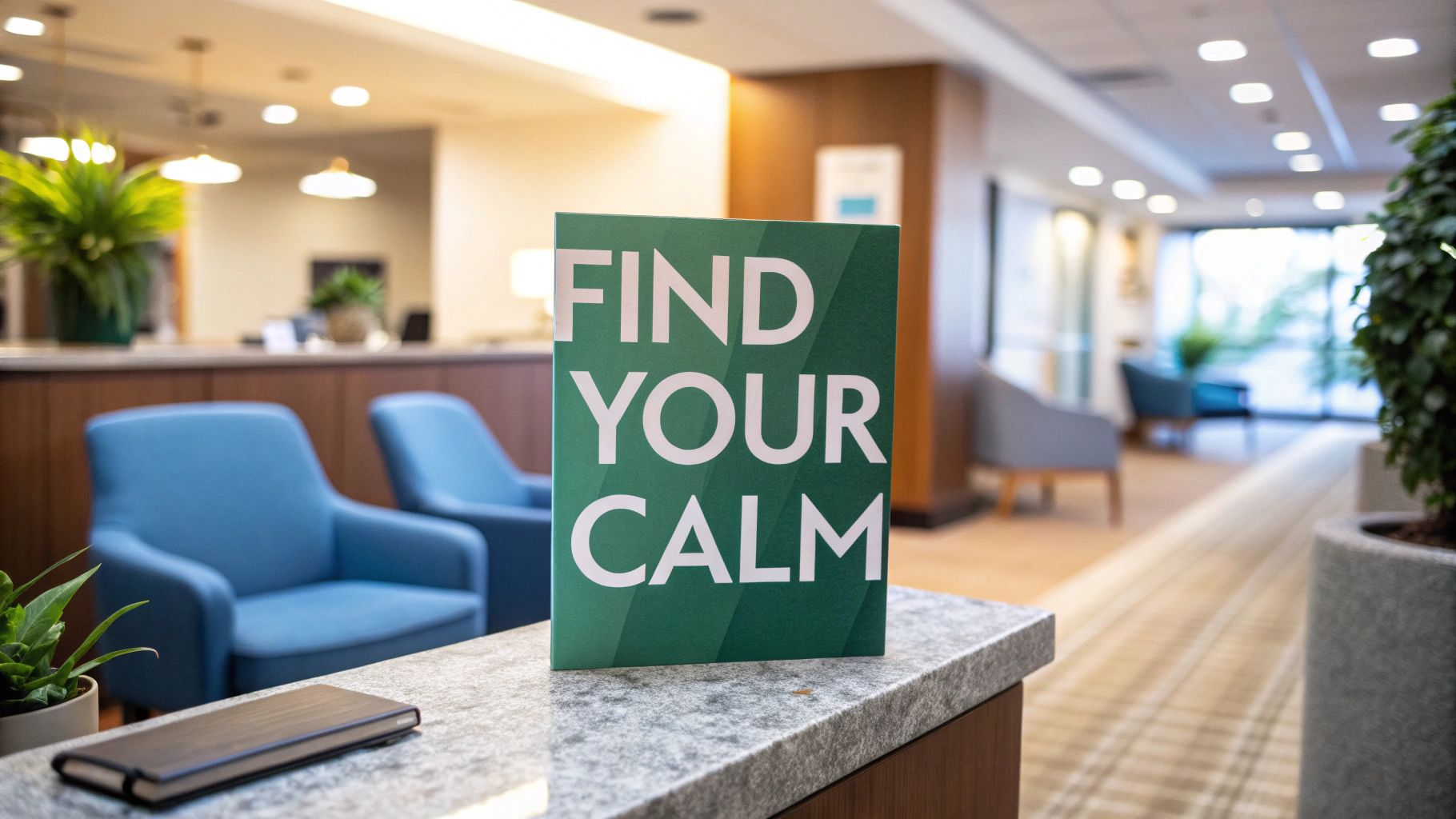 Sign on a table reading “FIND YOUR CALM” in a modern office lounge with blue chairs.