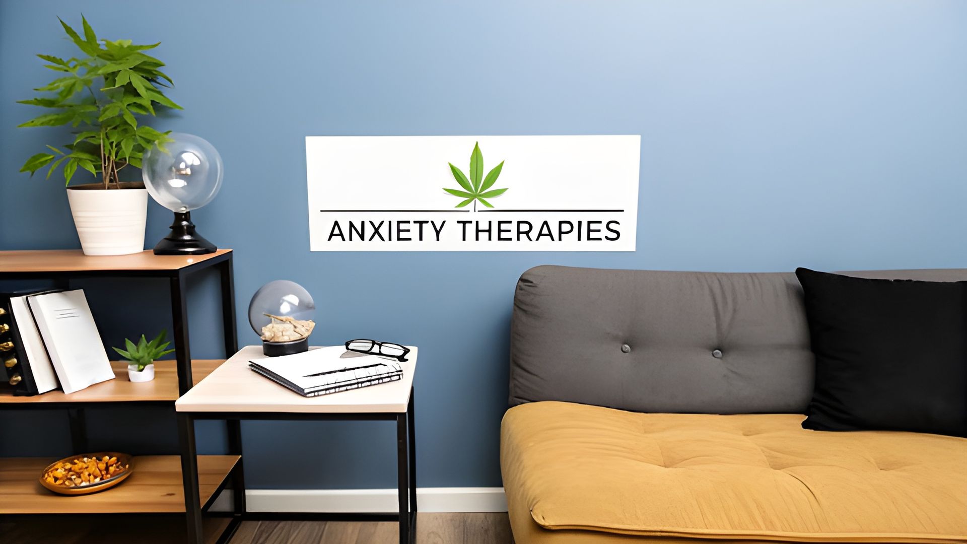 Anxiety Therapies office with sofa, side table, plant, and shelving in a calm blue room