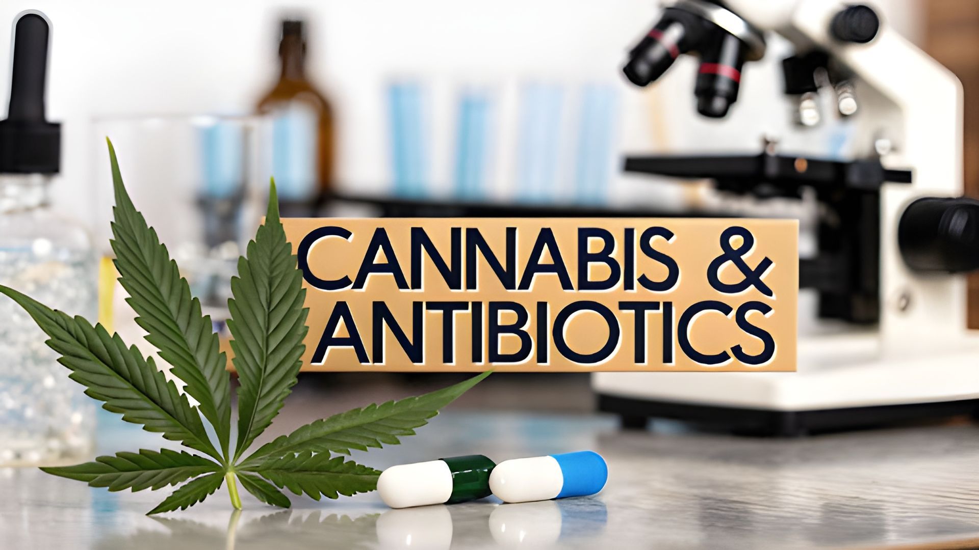 Cannabis leaf and capsules beside “CANNABIS & ANTIBIOTICS” text in a lab setting