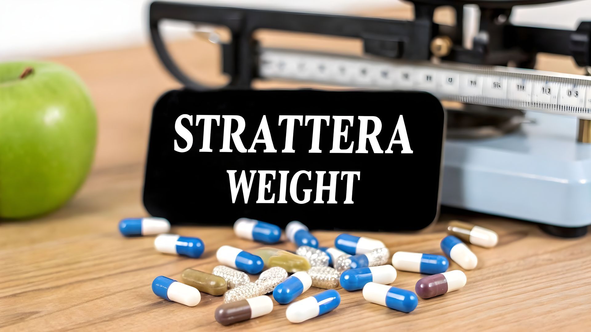Strattera weight warning sign with scattered capsules, green apple, and scale on a table