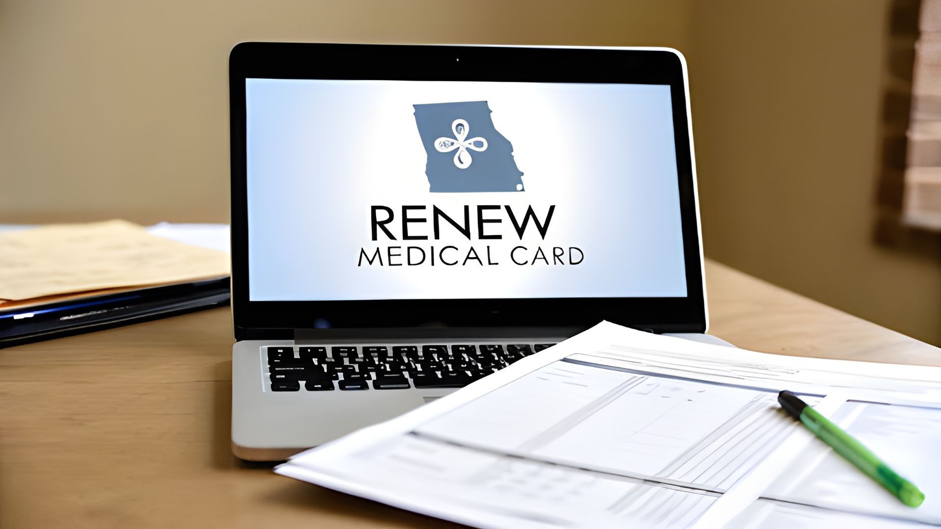 Laptop on desk displaying “Renew Medical Card” with papers and a green pen in front