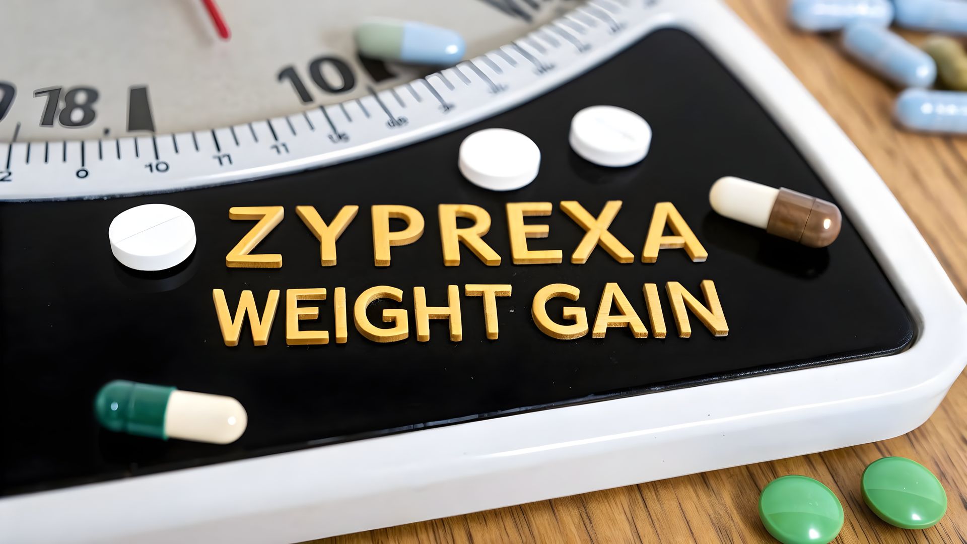 Black sign reading “ZYPREXA WEIGHT GAIN” with pills and a blood pressure gauge around it