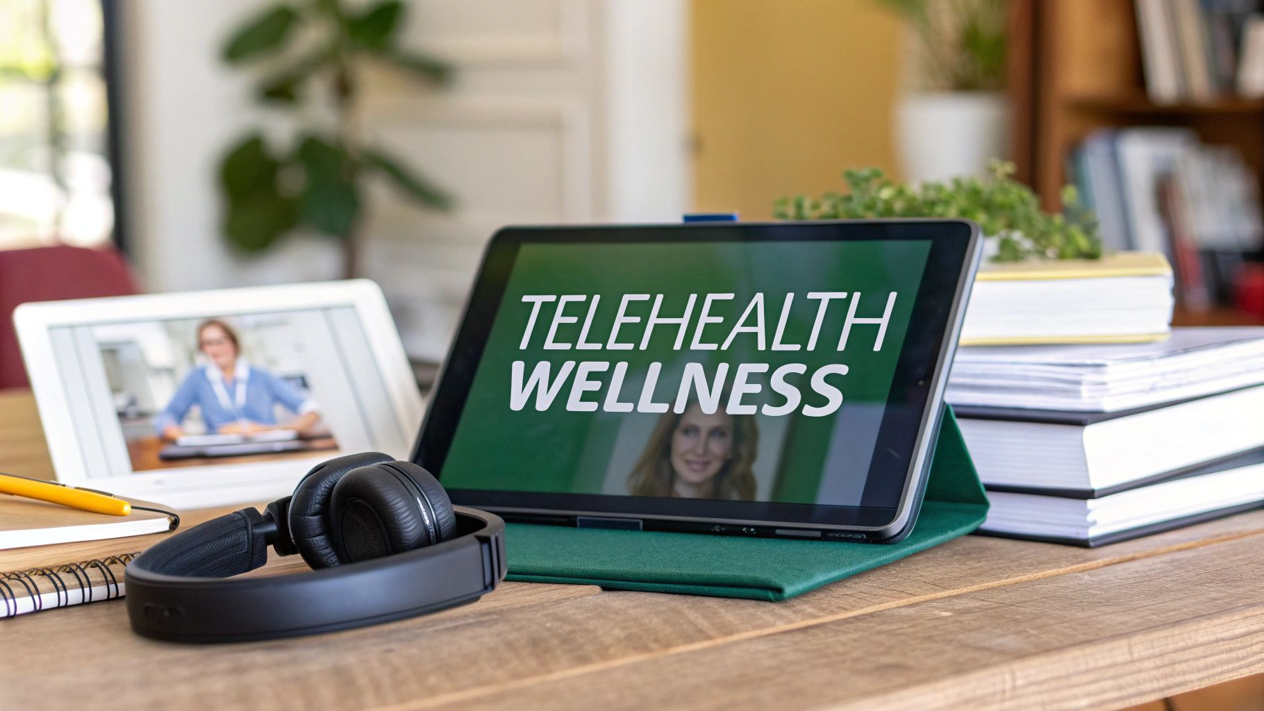 Tablet on desk displaying “TELEHEALTH WELLNESS,” with headphones, laptop, and stacked books in the background