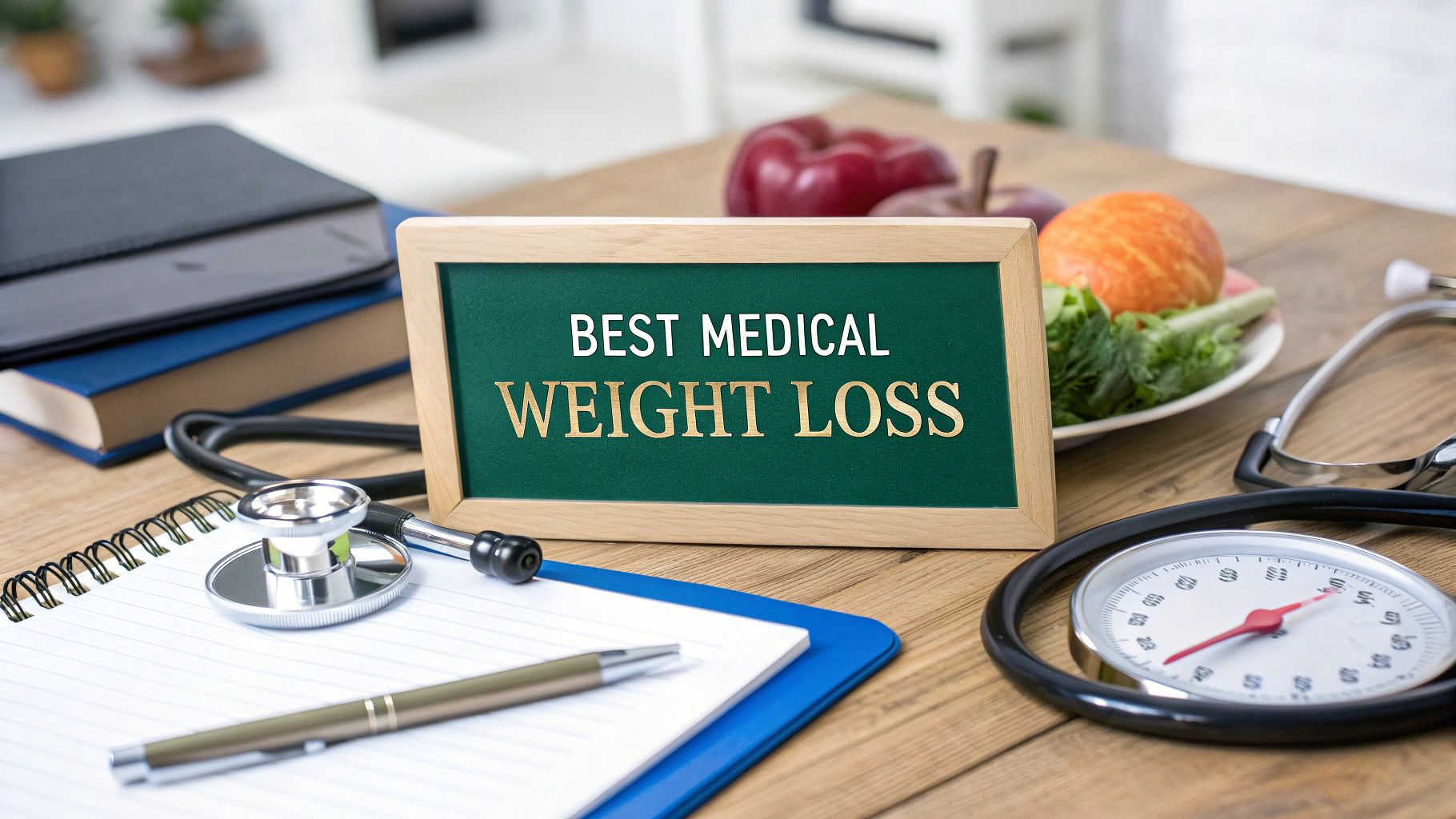 Desk with “Best Medical Weight Loss” sign, notebook, stethoscope, scale, and fruit beside a laptop.