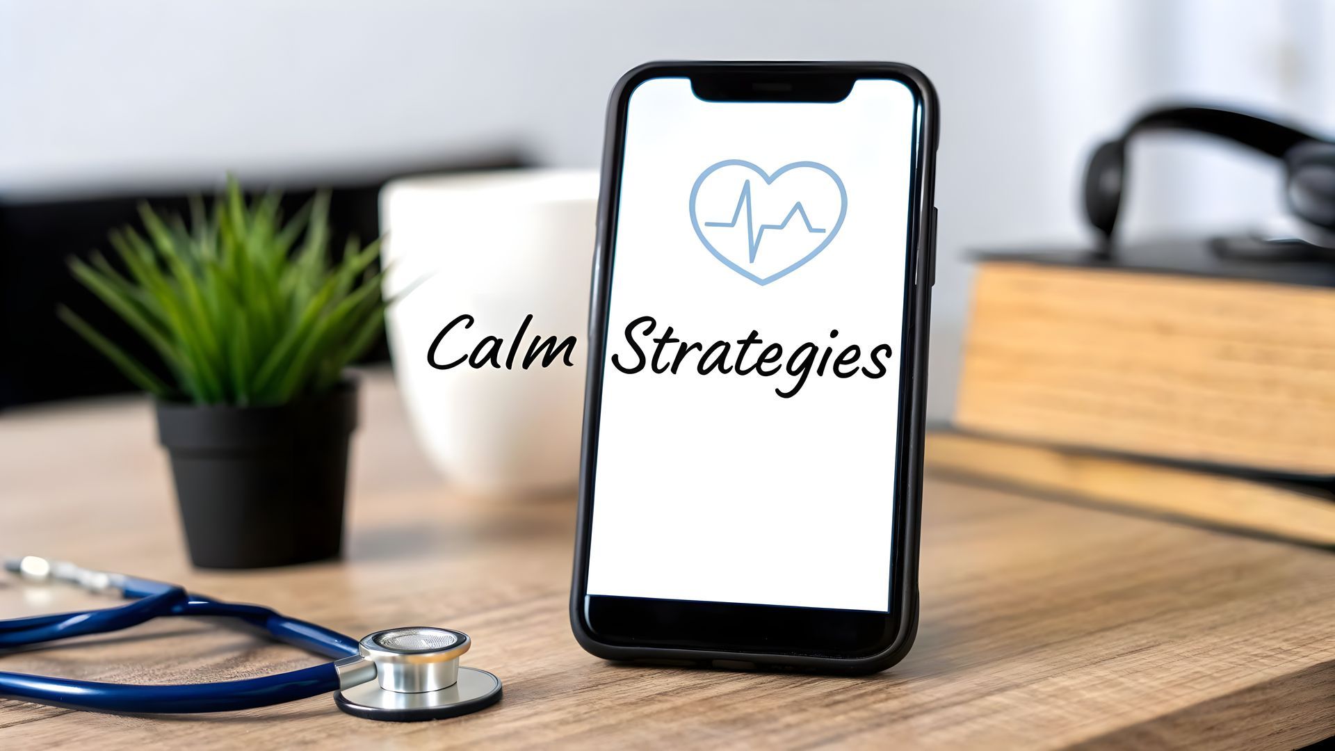 Smartphone on desk with “Calm Strategies” logo, stethoscope, and plant in a blurred office setting