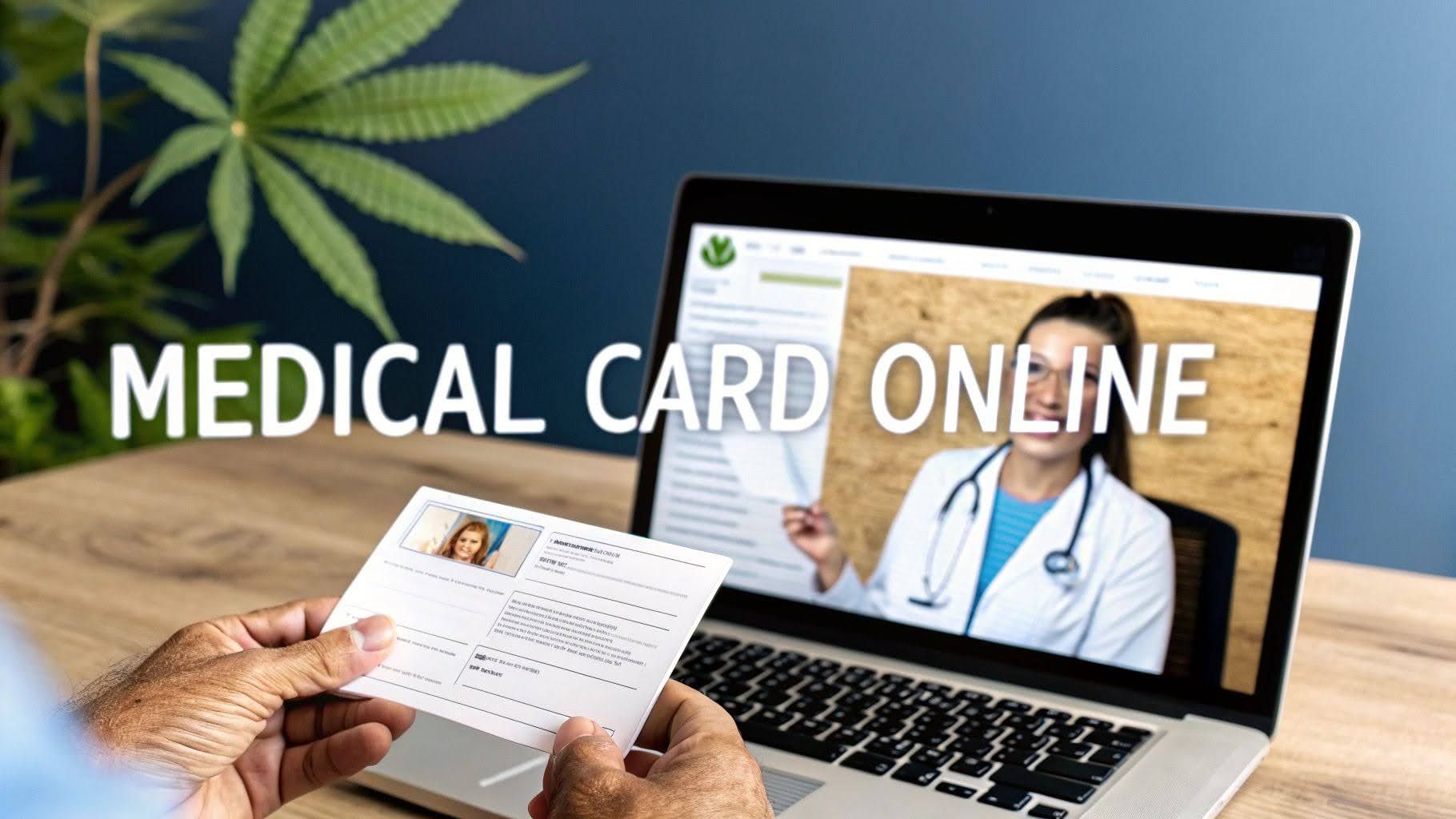 Person holding medical card in front of laptop showing online doctor consultation screen