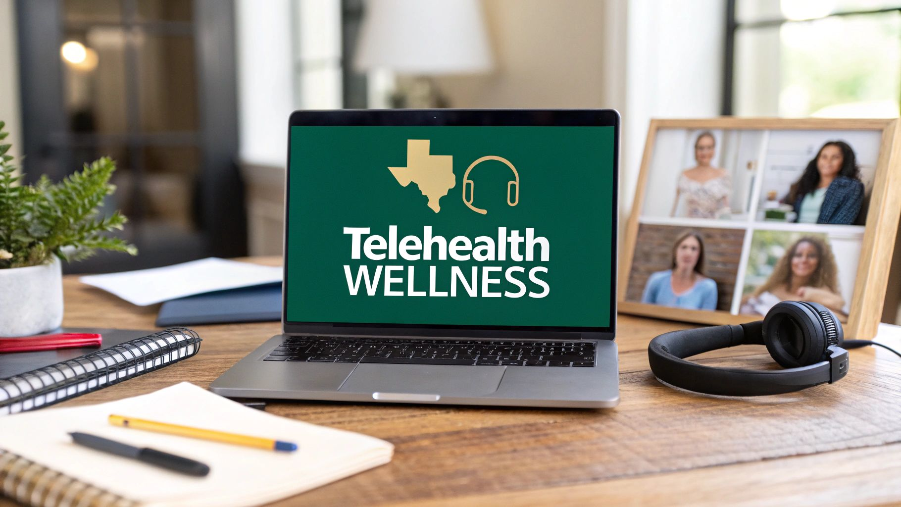Telehealth wellness video call on laptop at a desk with notebook and headphones