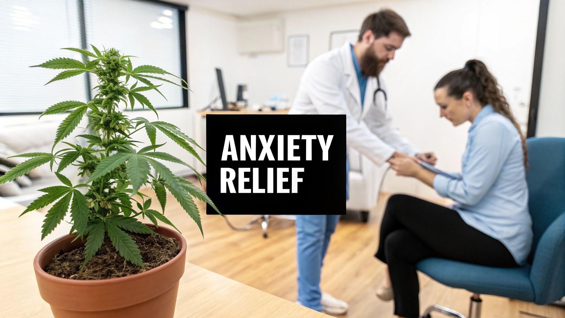 Potted cannabis plant beside a doctor consulting a seated patient, with “ANXIETY RELIEF” text.