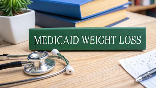 Medicaid weight loss sign on a desk with a stethoscope and paperwork