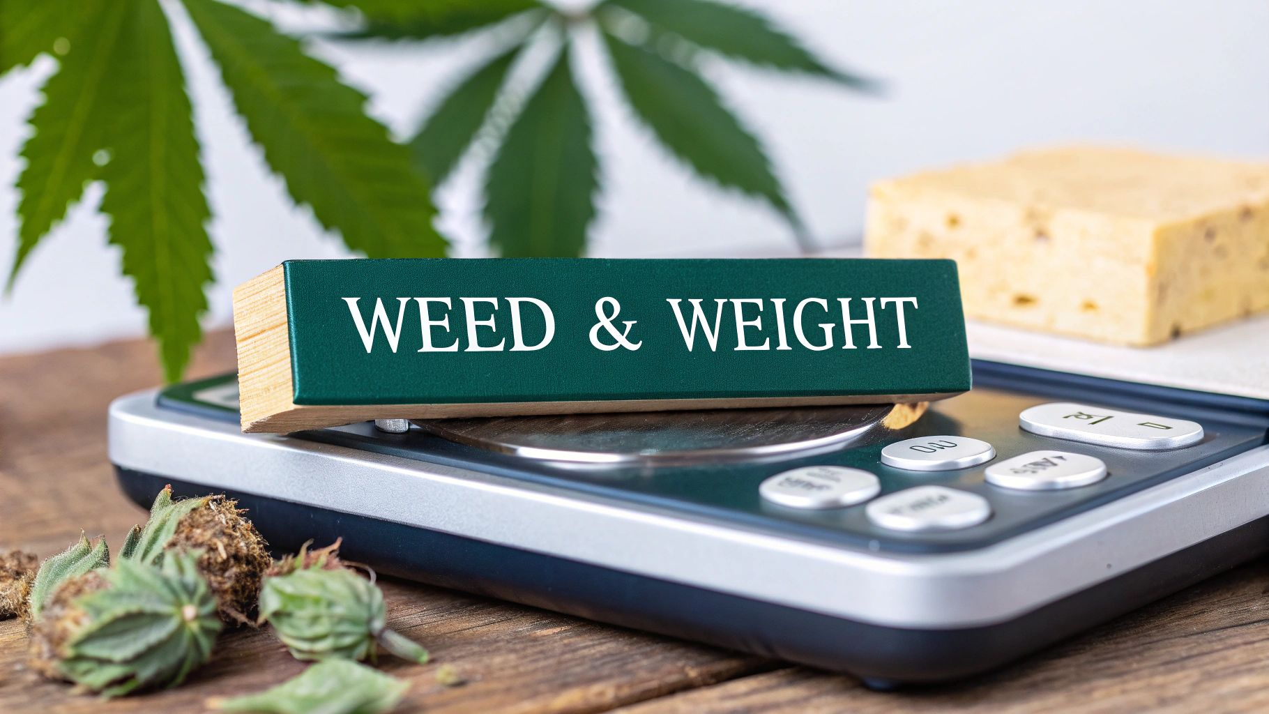Weed & weight sign with cannabis leaves, buds, and a digital scale on a table