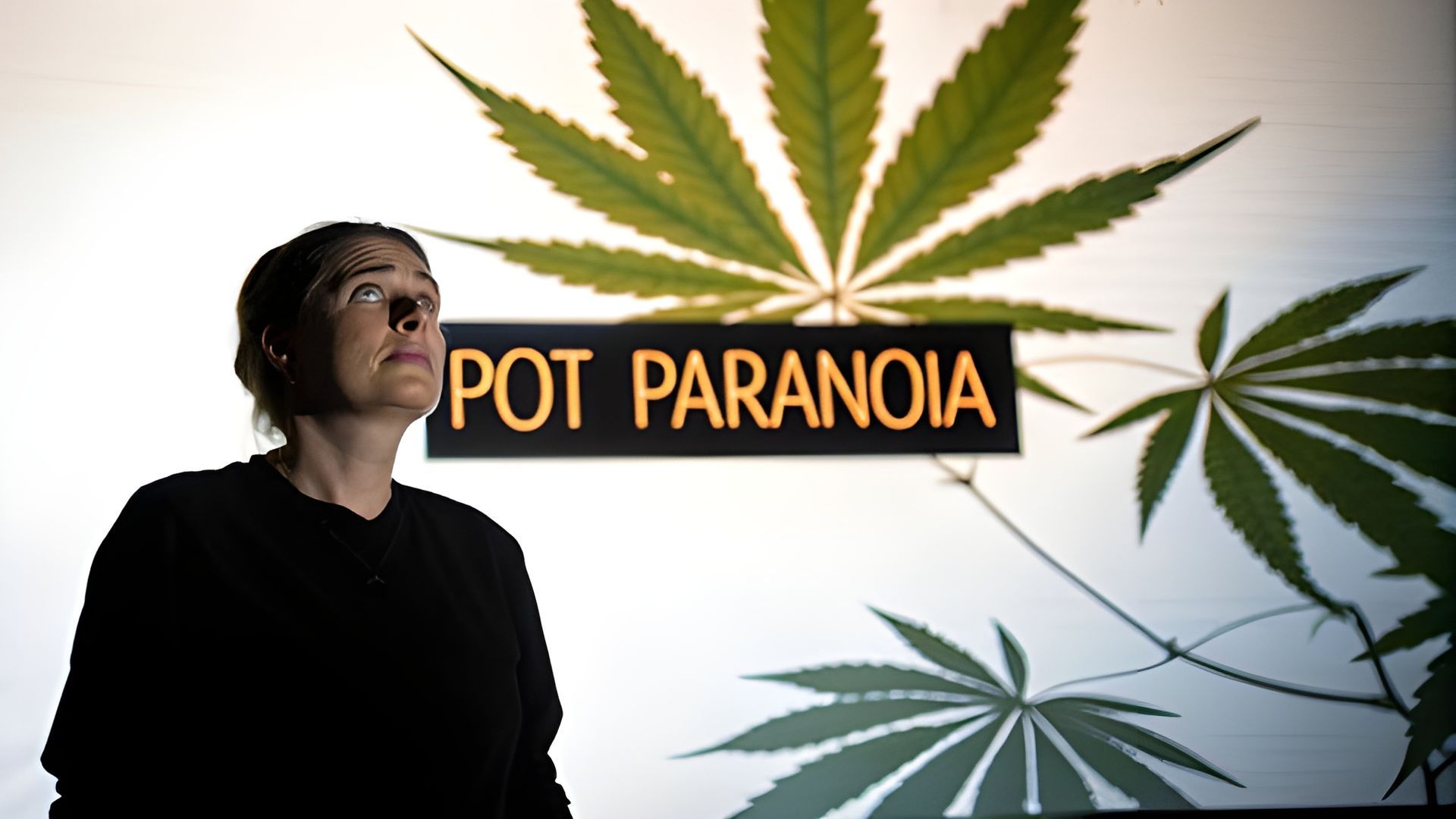 Person in black beside “POT PARANOIA” text with large marijuana leaves in the background