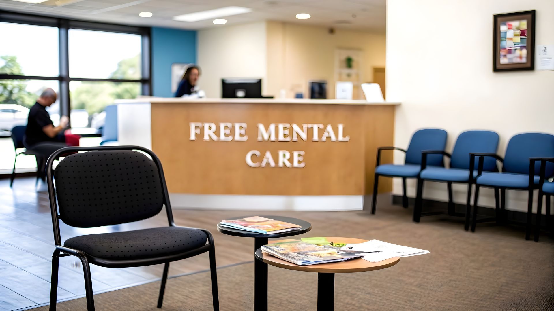 Waiting room with “Free Mental Care” reception desk and blue chairs