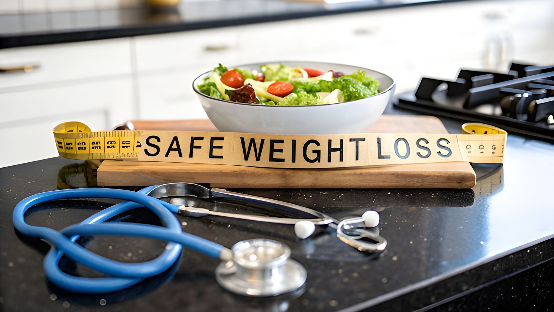 Safe weight loss sign beside salad bowl and stethoscope on kitchen counter