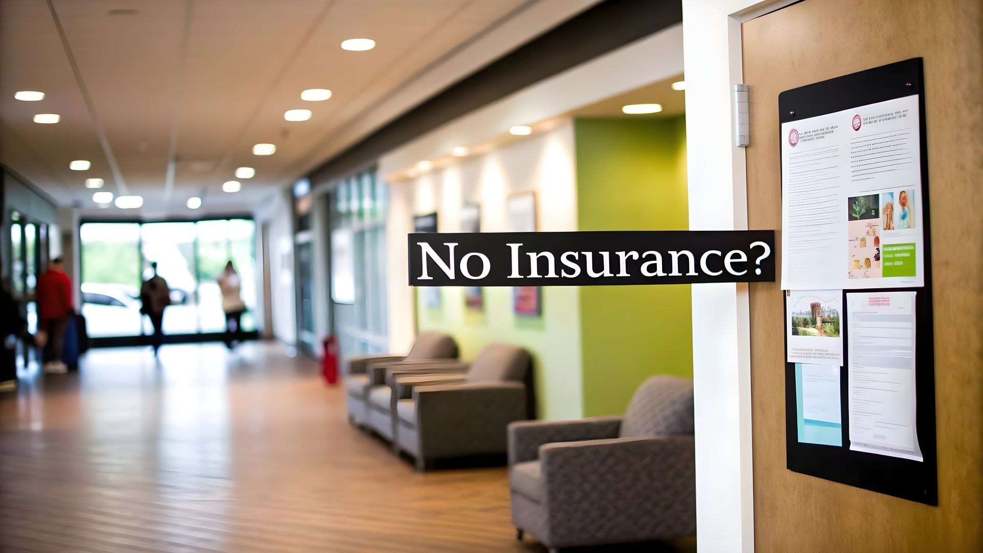 Hospital waiting room with a “No Insurance?” sign on a bulletin board near seating area