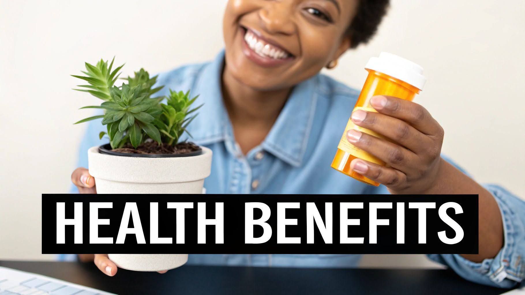 Smiling woman holding a potted herb and a supplement bottle with “HEALTH BENEFITS” text