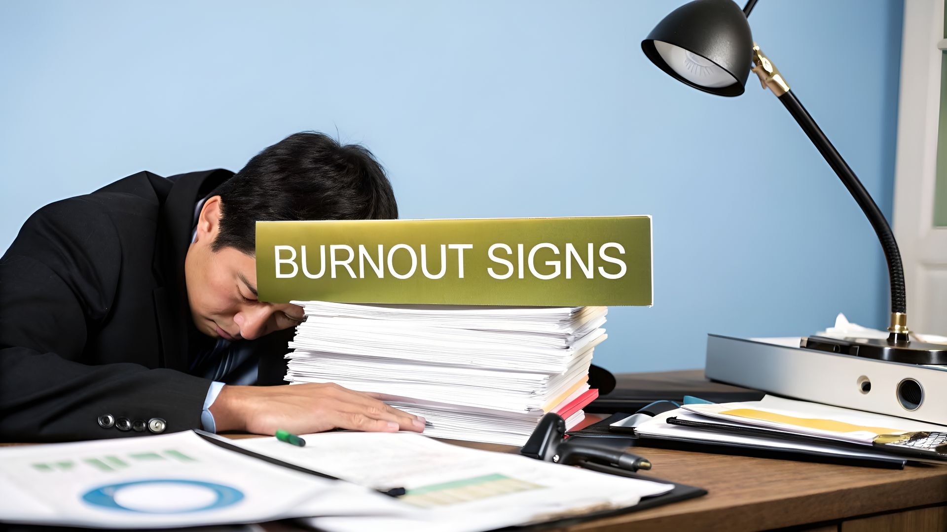 Exhausted person asleep at desk beside a stack of papers and a sign reading “BURNOUT SIGNS”