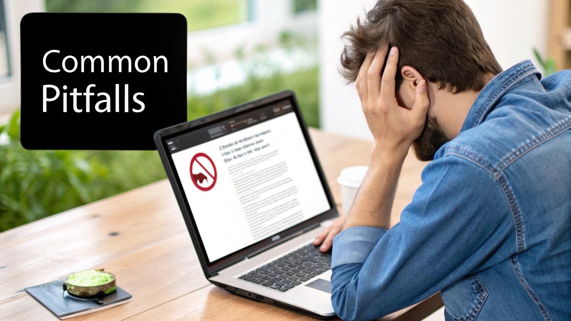 Man holding his head while looking at a laptop displaying “Common Pitfalls” on a table