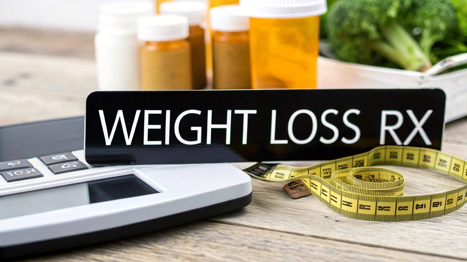 Prescription pill bottles and a scale beside a yellow measuring tape labeled “WEIGHT LOSS RX”