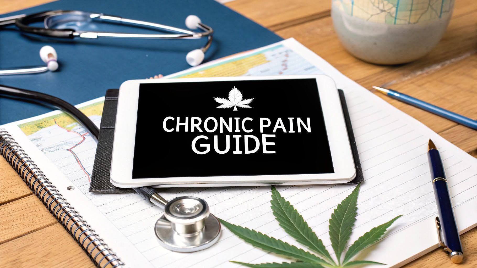 Chronic pain guide on a tablet with stethoscope, notebook, pen, and cannabis leaf on a desk