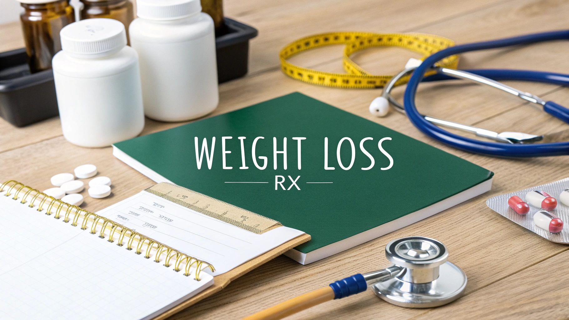Weight loss clinic desk with prescription pad, pills, stethoscope, measuring tape, and medicine bottles