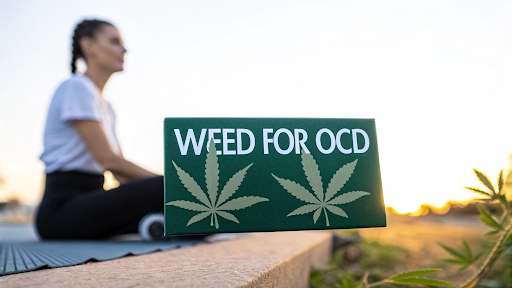 Sign reading “WEED FOR OCD” beside a seated person outdoors at sunset