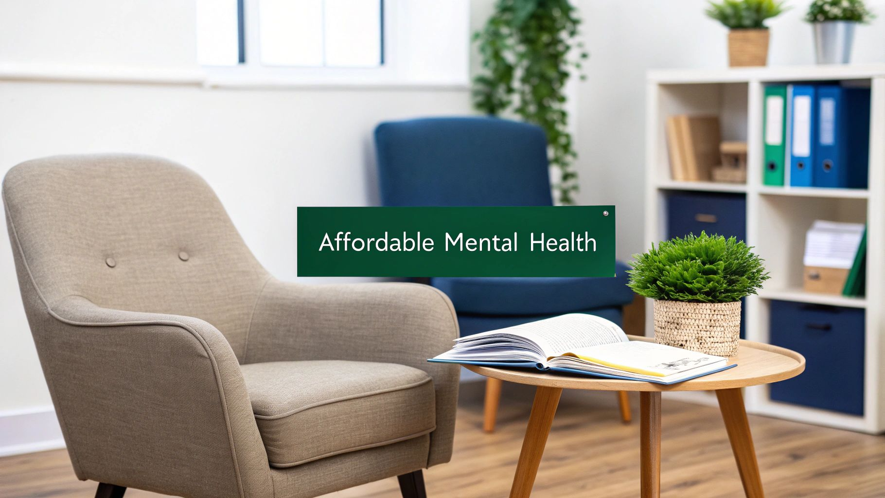 Modern therapy office with chairs, side table, and a sign reading “Affordable Mental Health”