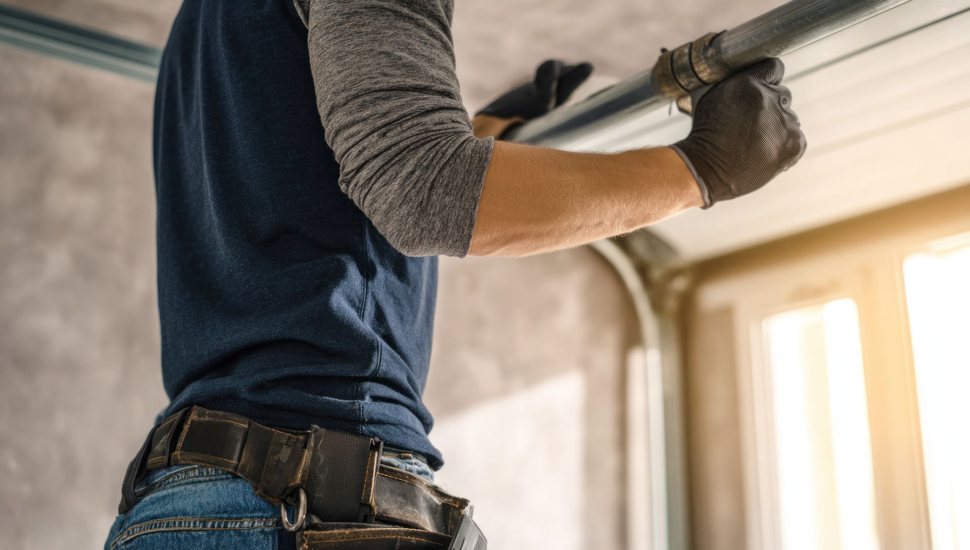 A professional technician in a tool belt performing a garage door repair on a residential system.