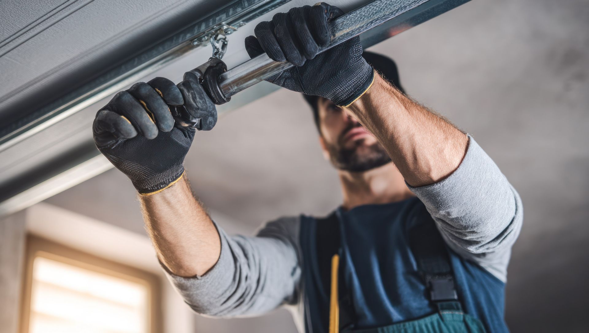 A professional technician performing a garage door repair on a residential spring and track system.