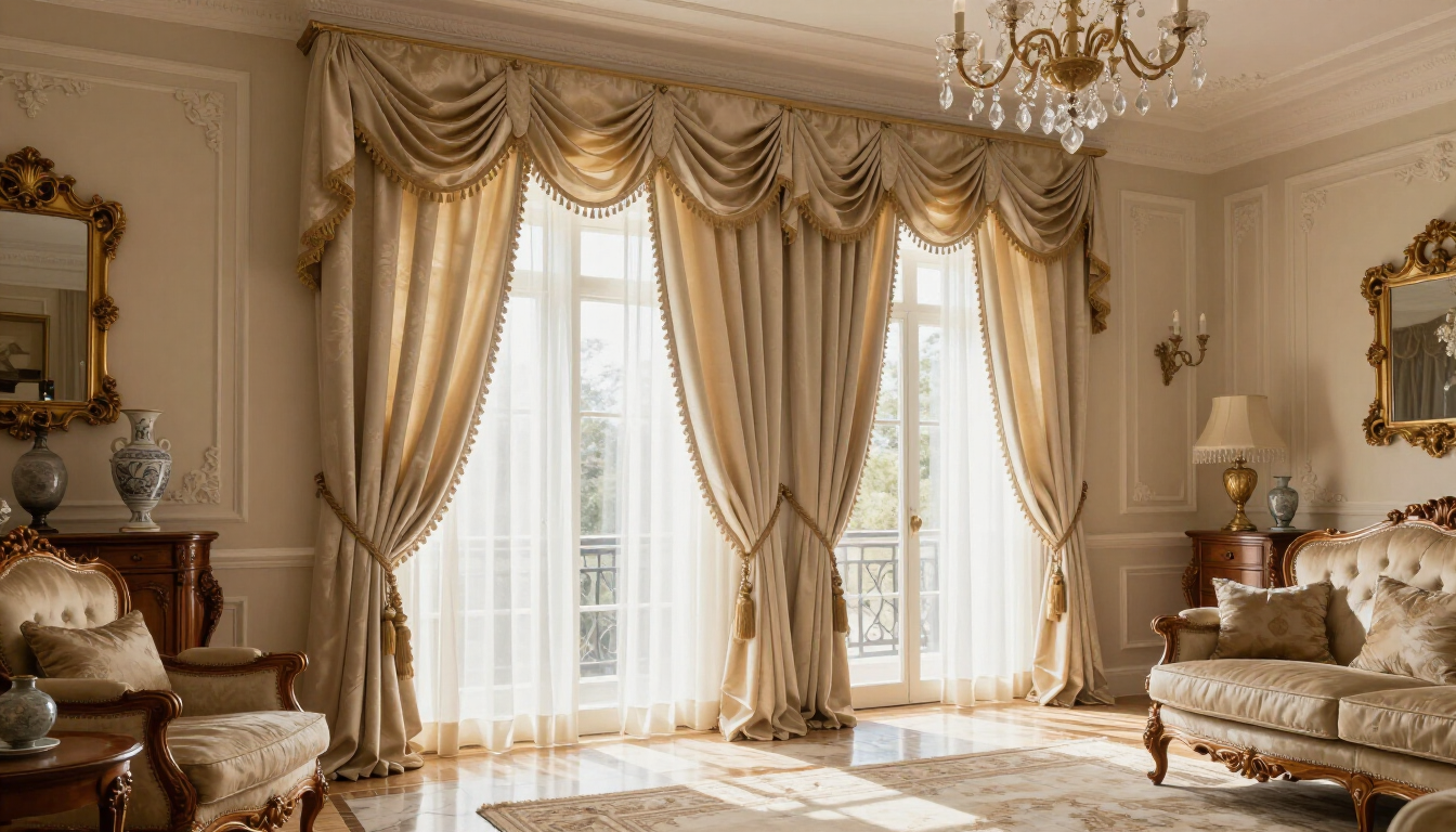 Una stanza lussuosa con tende e mantovane beige su ampie finestre, mobili decorati e un lampadario di cristallo.