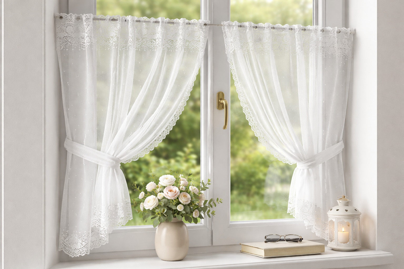 Tende da caffè in pizzo bianco appese a una finestra con un vaso di fiori, un libro e una lanterna sul davanzale.