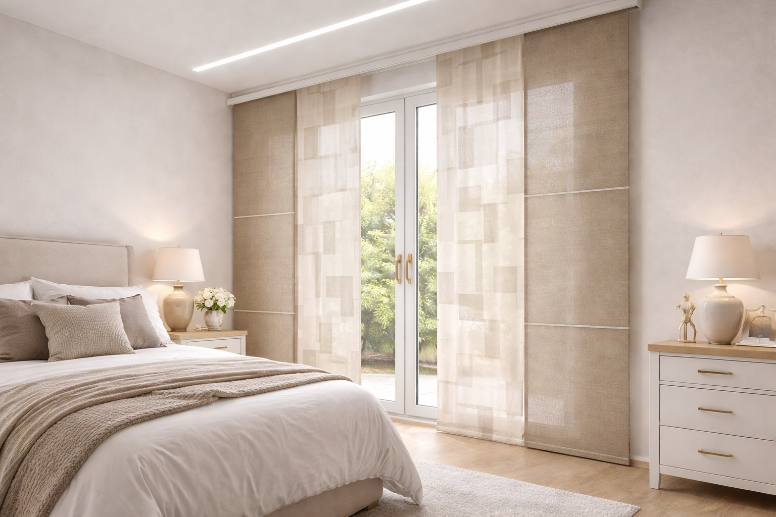 Una camera da letto moderna con biancheria da letto beige e tende a pannello con trama particolare sopra una porta a vetri, affiancata da comodini coordinati.
