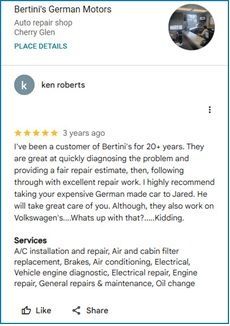 Google review for Bertini's German Motors, auto repair shop. Includes 5-star review and services offered.