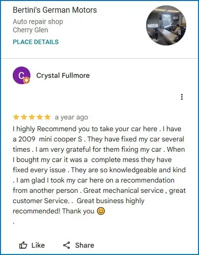 Review of Bertini's German Motors By Crystal Fullmore | Bertinis German Motors