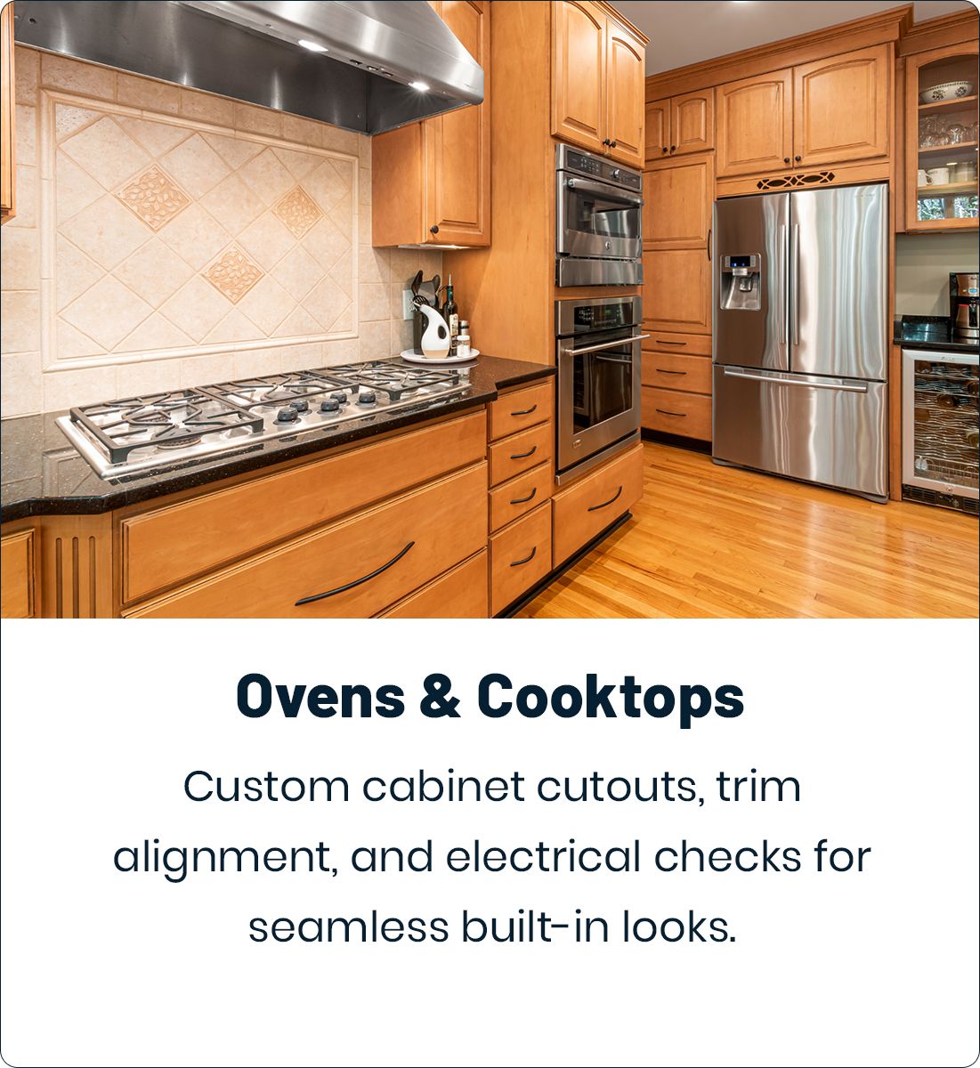 Kitchen with built-in ovens and cooktop, showcasing custom cabinet work.
