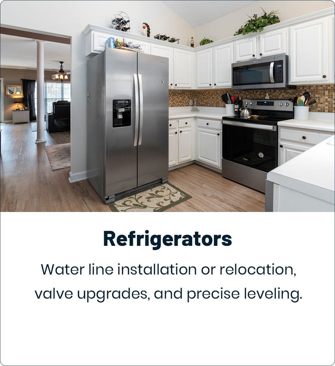 Stainless steel refrigerator in a white kitchen. Text: "Refrigerators" and service details.