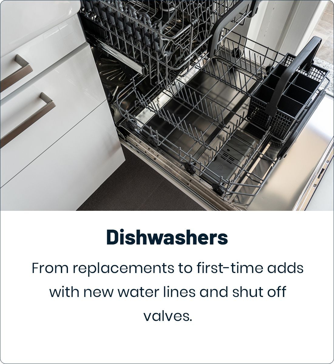 Open dishwasher with racks visible; white cabinets and text overlay.