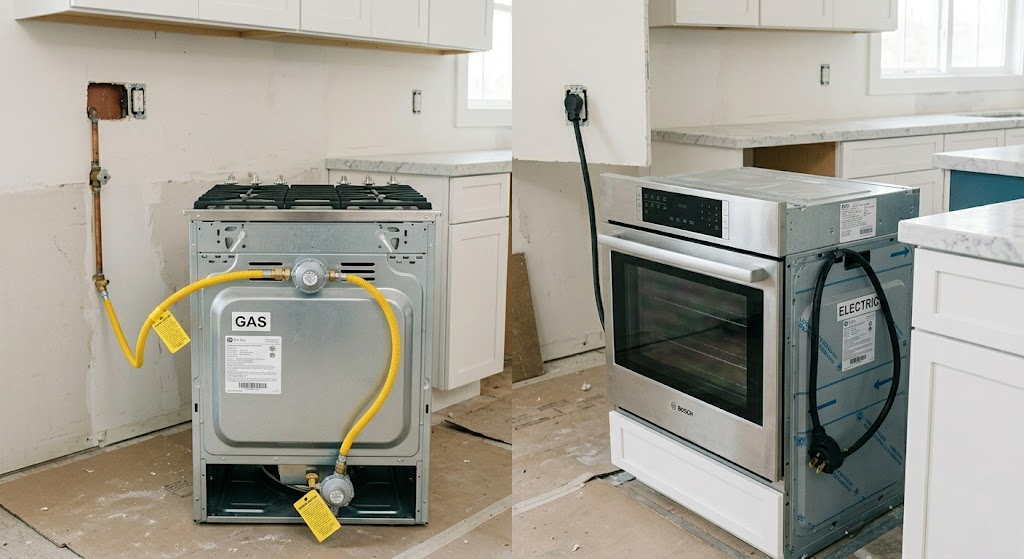Side-by-side comparison of a kitchen stove connected to a gas line on the left and an electric power cord on the right.
