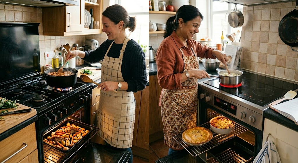 Two people wearing aprons cooking in a kitchen, with pans on the stove and dishes baking in the ovens.